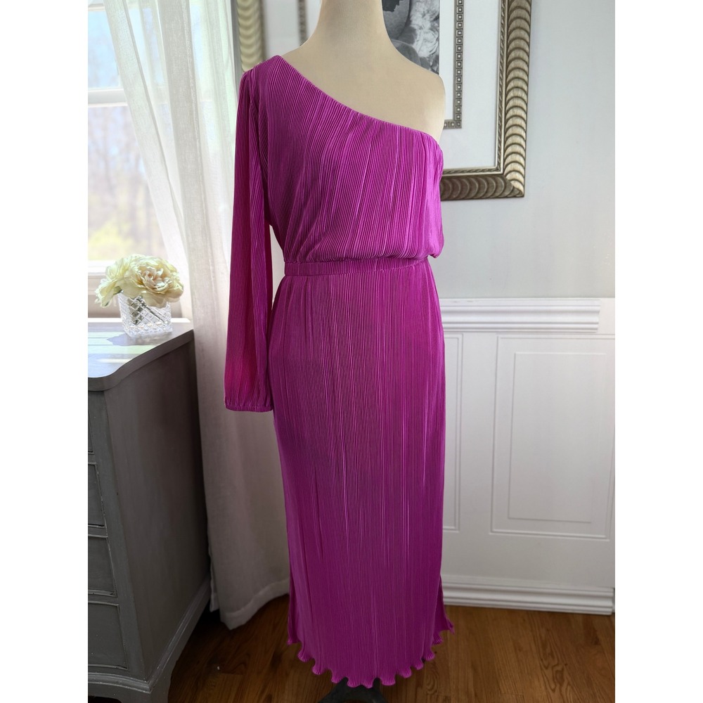 Petal + Pup Pontee One Shoulder Pleated Midi Dress Wedding Guest Orchid Pink M